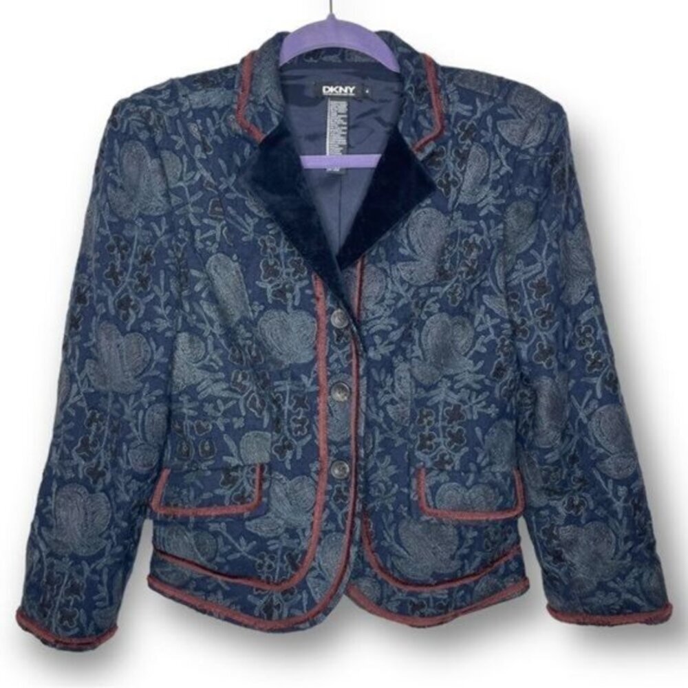 Vintage DKNY Size 4 Navy Jacquard Velvet Collar Red Trim Wool Blazer Jacket